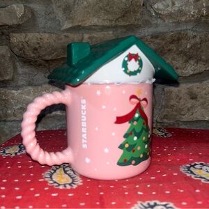 NWT Starbucks HOLIDAY 2025 Pink Mug with Green Roof Lid 14oz 414ml LTD EDITION